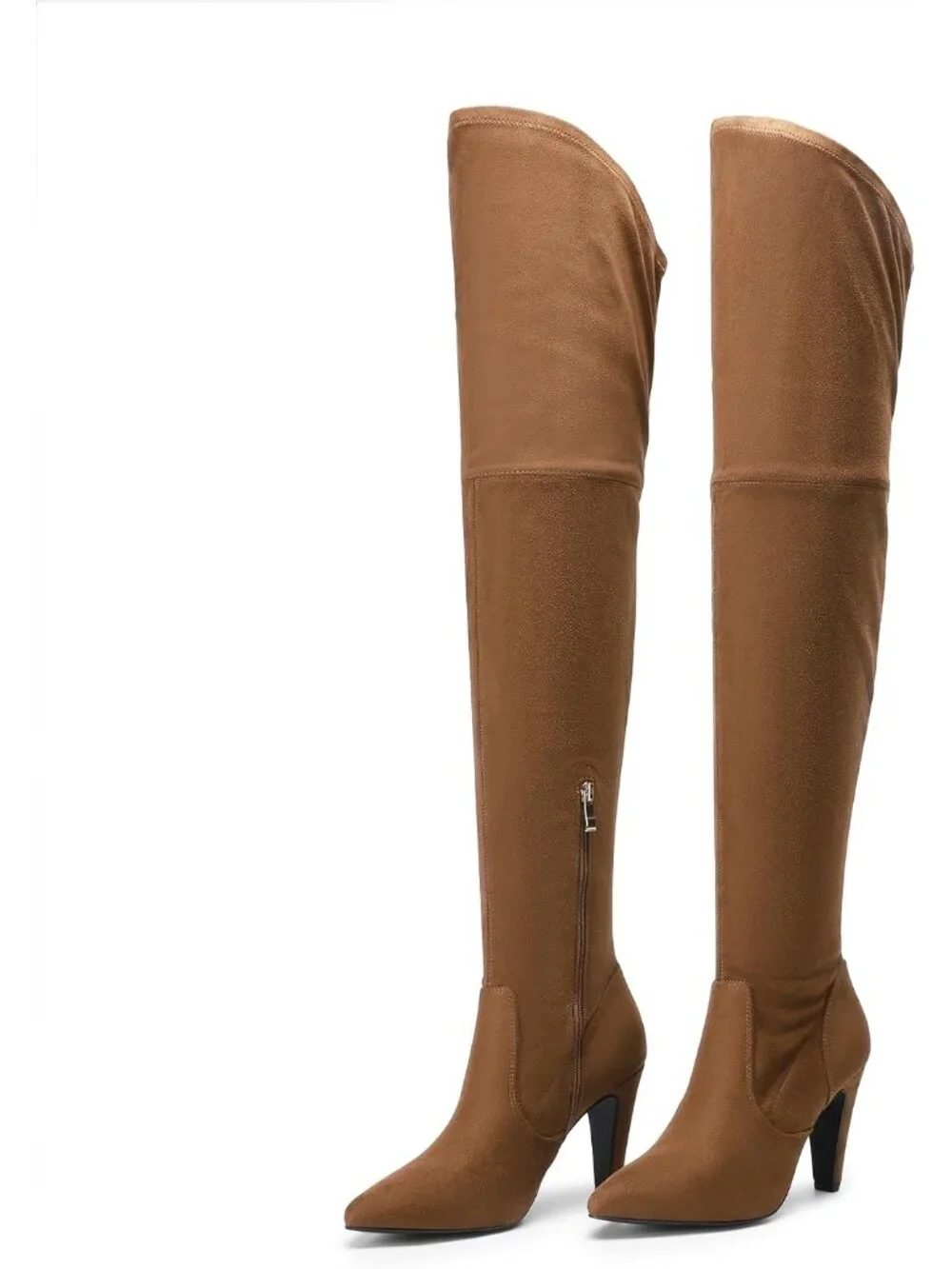 Women's Brown Suede Pointed Toe High Heels Faux Leather Over The Knee High Boots